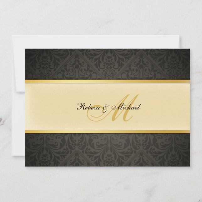 Convite Dourado e negro de casamento do Damask Monograma (Frente)