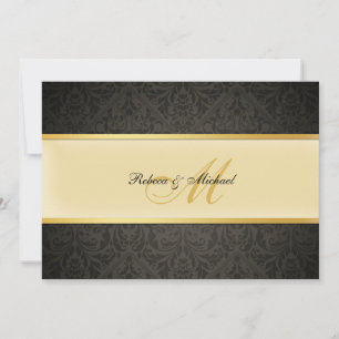Convite Dourado e negro de casamento do Damask Monograma