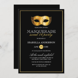 Convite Dourado e negro Mascarada Doce 16