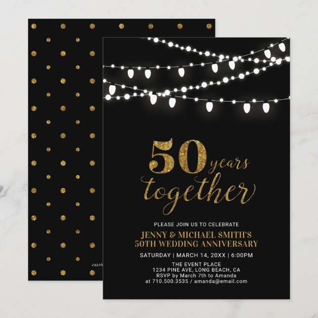Convite Dourado e preto | 50.o aniversário de casamento mo (Frente/Verso)