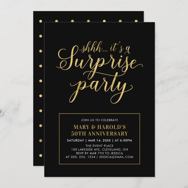 Convite Dourado e preto | 50.o Aniversário do casamento su (Frente/Verso)