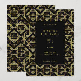 Convite Dourado e Preto Art Deco Ousado Retro Glam Casamen