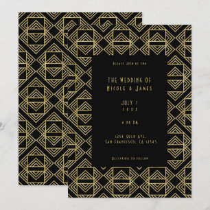 Convite Dourado e Preto Art Deco Ousado Retro Glam Casamen
