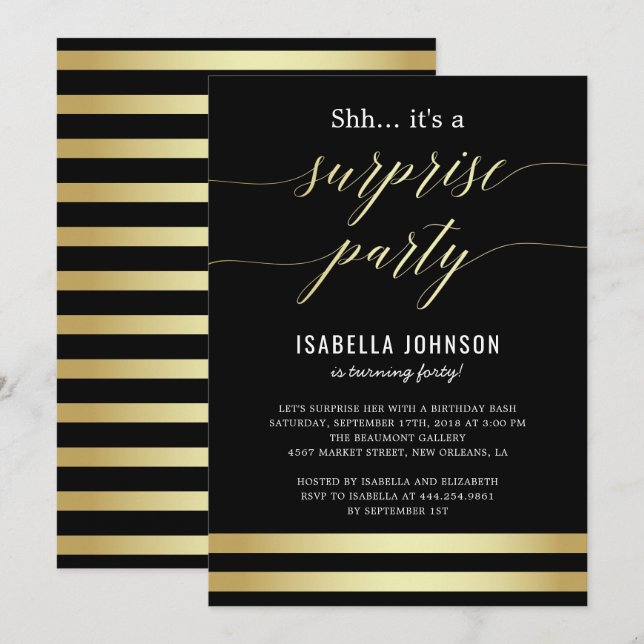 Convite Dourado e Preto Estirpes Shh... É uma festa surpre (Frente/Verso)