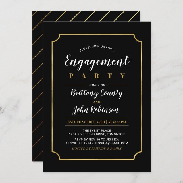 Convite Dourado e preto | Festa de noivado de Casamento Cl (Frente/Verso)