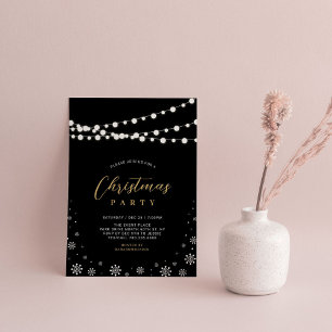 Convite Dourado e preto   String Lights Natal Party Invit