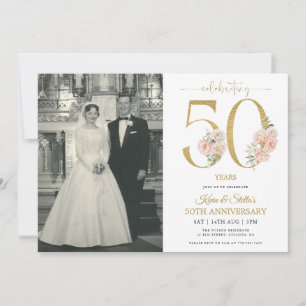 Convite Dourado e Rosa Floral 50º Aniversário