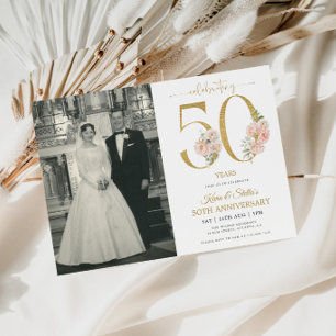 Convite Dourado e Rosa Floral 50º Aniversário