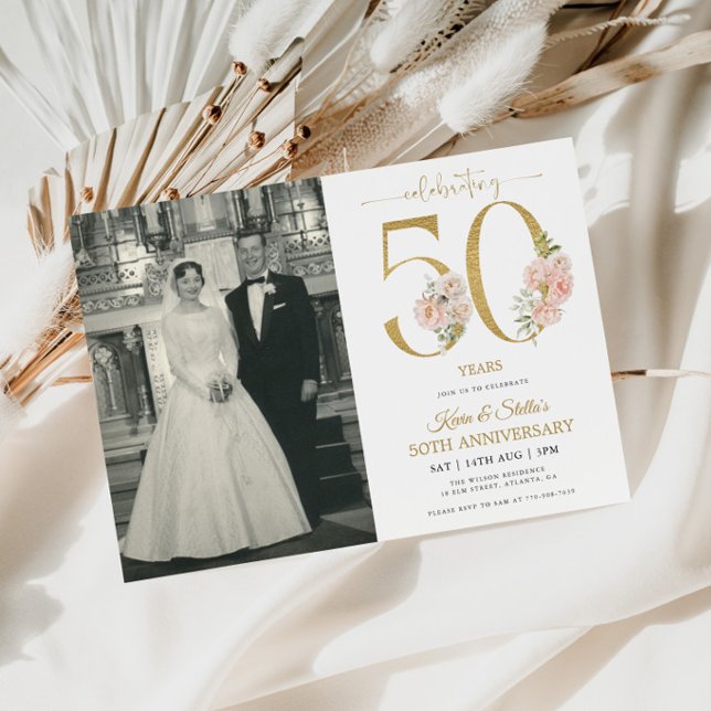 Convite Dourado e Rosa Floral 50º Aniversário (Criador carregado)