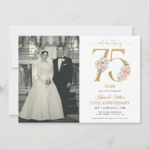 Convite Dourado e Rosa Floral 75º Aniversário
