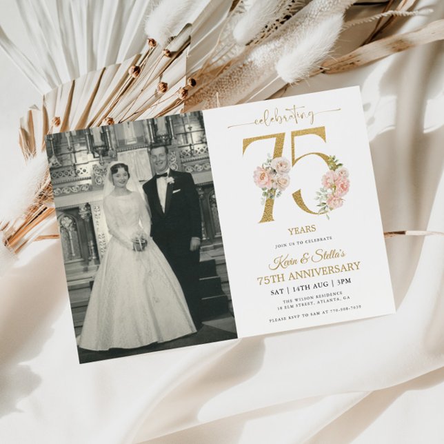 Convite Dourado e Rosa Floral 75º Aniversário (Criador carregado)