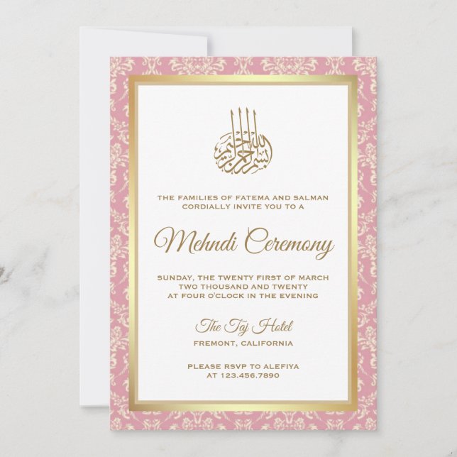 Convite Dourado e Rosa Pink Damask Cerimônia Islâmica de M (Frente)
