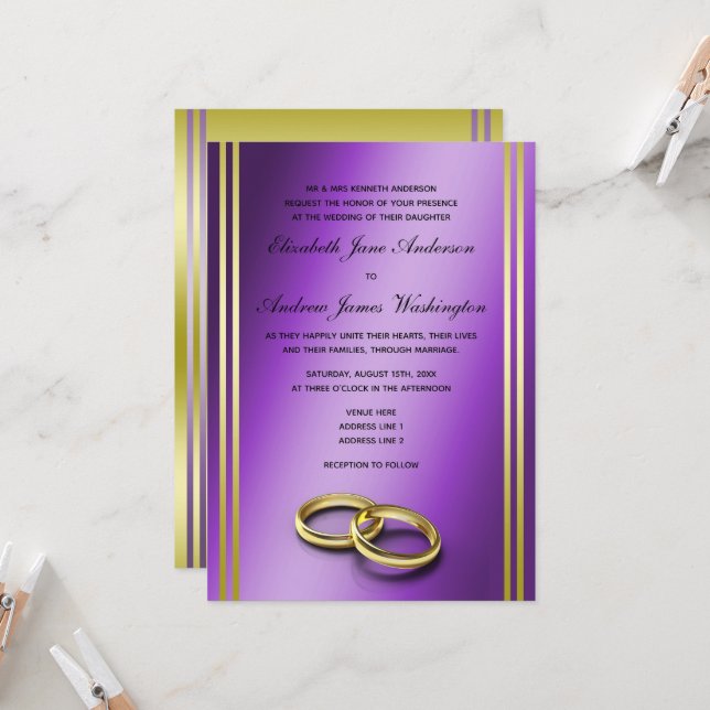 Convite Dourado e roxo clássico, casamento (Frente/Verso In Situ)