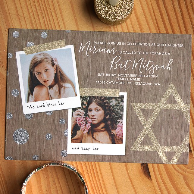 Convite Dourado e Silver Glitter Mitzvah (Gold, pewter, beige glitter star of david bat mitzvah invitation with photos)
