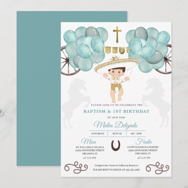 Convite Dourado e Teal Blue Baby Boy Charro Baptism (Frente/Verso)
