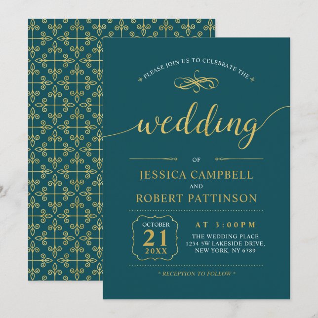 Convite Dourado e Teal | Cerimônia de Casamento Clássico E (Frente/Verso)