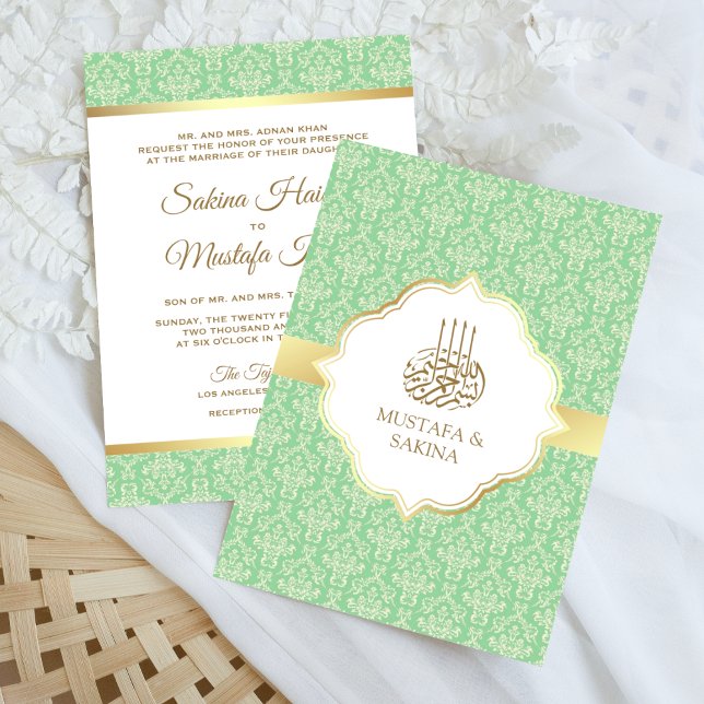 Convite Dourado e Verde Hortelã Damasko Casamento Islâmico (Criador carregado)