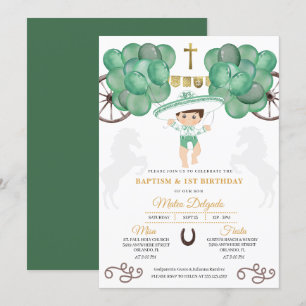 Convite Dourado e Verde Menino Mexicano Charro Baptism