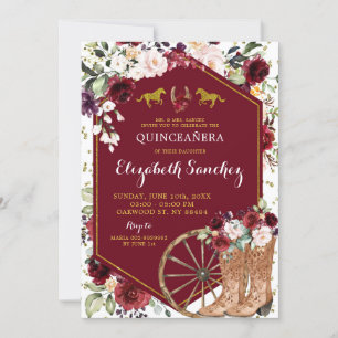 Convite Dourado e Vermelho Borgonha Ocidental Charra Quinc