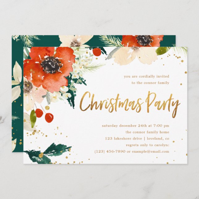 Convite Dourado e Vermelho Clássico, Moderno Festa Floral  (Frente/Verso)