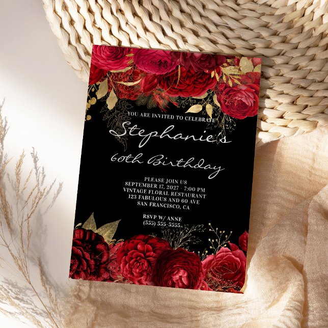 Convite Dourado e Vermelho Floral 60º Aniversário Negro e  (Create your own red and gold floral glam invite.)