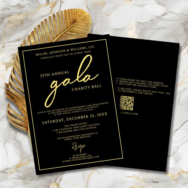 Convite Dourado Elegante de Fundraiser Elegante de Evento  (Charity Gala Ball Fundraiser Black and Gold Invitation with Script Calligraphy, QR Code.)