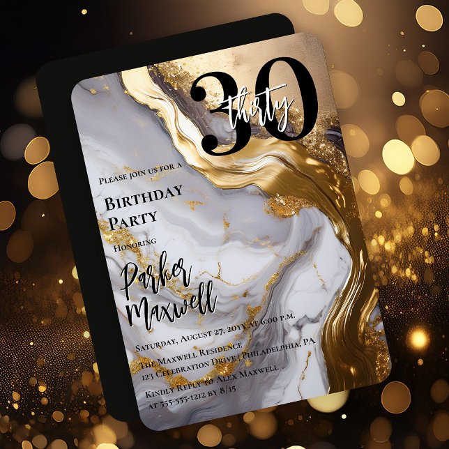 Convite Dourado elegante | Festa de aniversário 30 White M (Sleek Faux Gold and White Marble Modern "30" 30th Birthday Party Invitation - Print | Digital )