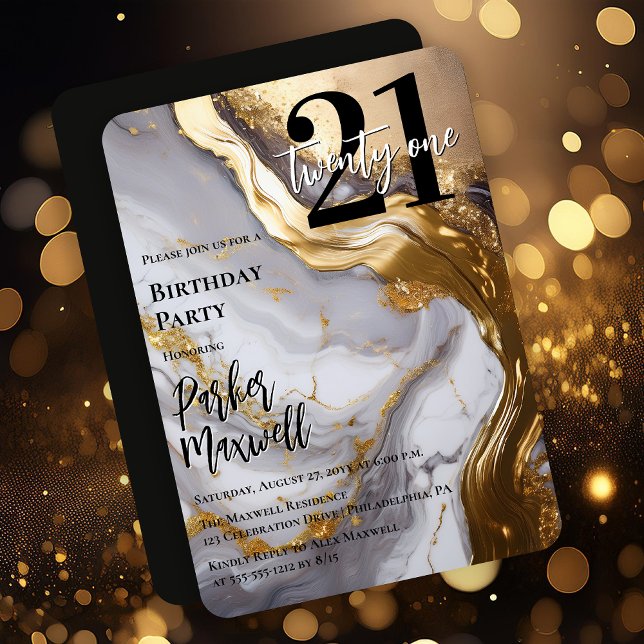 Convite Dourado elegante | Festa de aniversário White Marb (Sleek Faux Gold and White Marble Modern "21" 21st Birthday Party Invitation - Print | Digital )