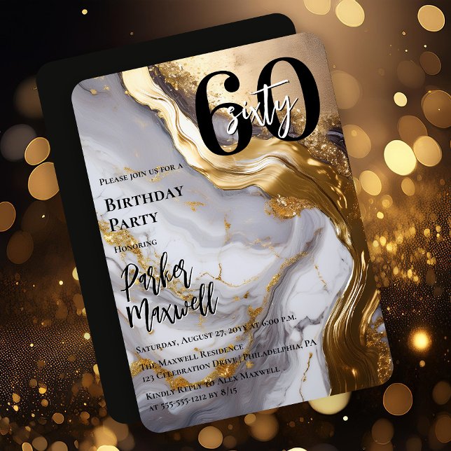 Convite Dourado elegante | Festa de aniversário White Marb (Sleek Faux Gold and White Marble Modern "60" 60th Birthday Party Invitation - Print | Digital )