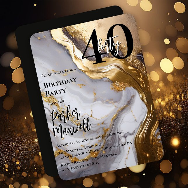 Convite Dourado elegante | Festa de aniversário White Marb (Sleek Faux Gold and White Marble Modern "40" 40th Birthday Party Invitation - Print | Digital )