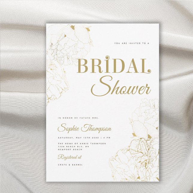 Convite Dourado Elegante moderno Chá de panela de esboços (modern gold peonies floral sketch bridal shower invitation elegant sophisticated feminine classy)