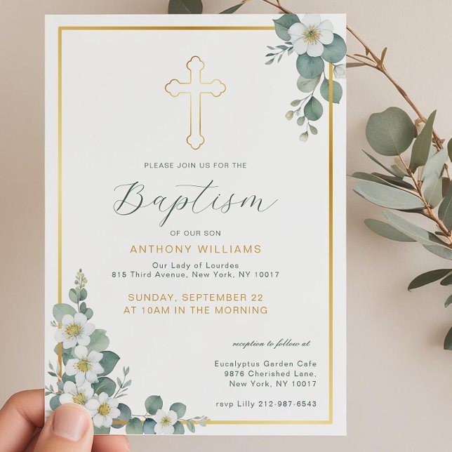 Convite Dourado Elegante para Batismo Cruzado (Gender Neutral Baptism Invitation)