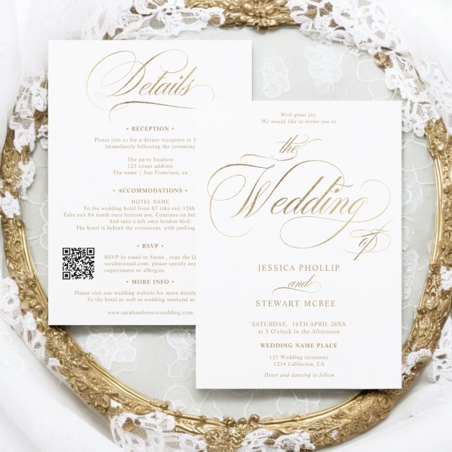 Convite Dourado elegante Qr tudo em um casamento caligráfi (Gold elegant Qr all in one calligraphy wedding Invitation)