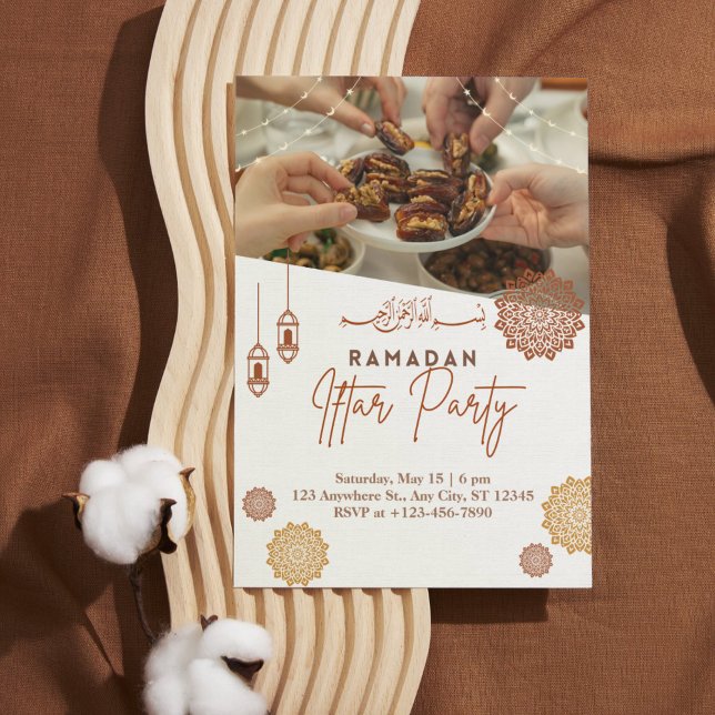 Convite Dourado Elegante Ramadan Iftar com foto (Elegant Gold & Floral Ramadan Iftar Invitation with Photo)