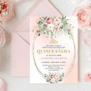 Convite Dourado Elegante Rosa Beije Boho Quinceañe