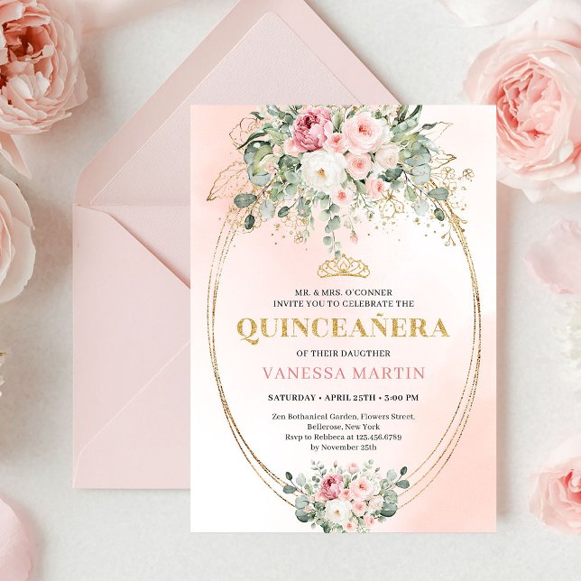 Convite Dourado Elegante Rosa Beije Boho Quinceañe (Elegant Blush Roses Boho Quinceañera Gold Invitation)