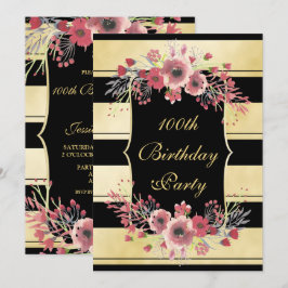Convite Dourado Elegante Stripes Floral 100th
