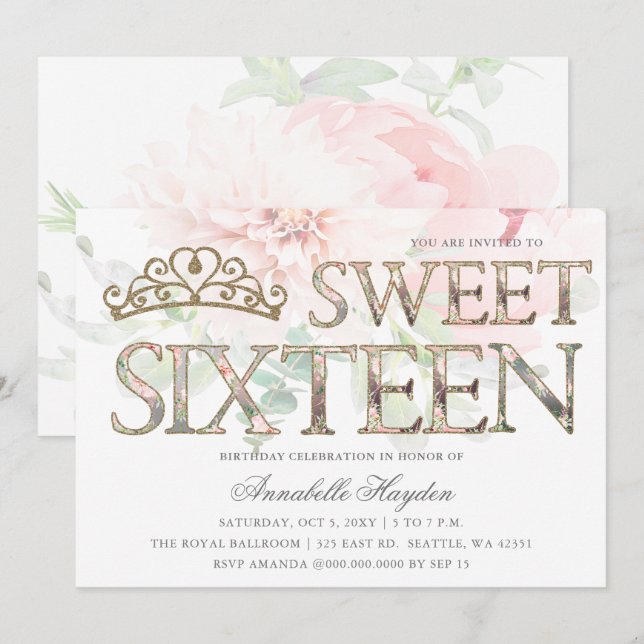 Convite Dourado Elegante Tiara Floral Sweet 16 (Frente/Verso)