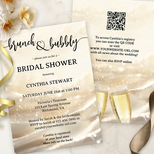 Convite Dourado Esmagamento e Chá de panela espumante (Modern brunch and bubbly bridal shower invitation featuring a festive design with gold sparkles)