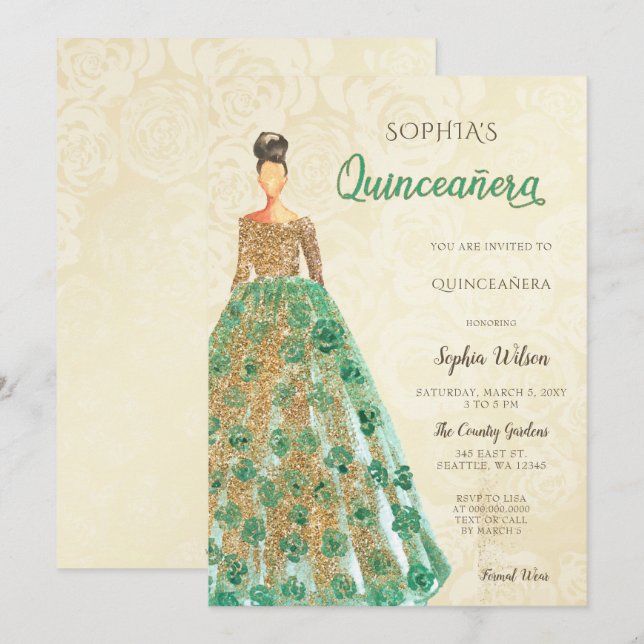 Convite Dourado Esparguete Verde Emerald Dress Quinceanera (Frente/Verso)