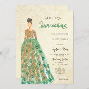 Convite Dourado Esparguete Verde Emerald Dress Quinceanera