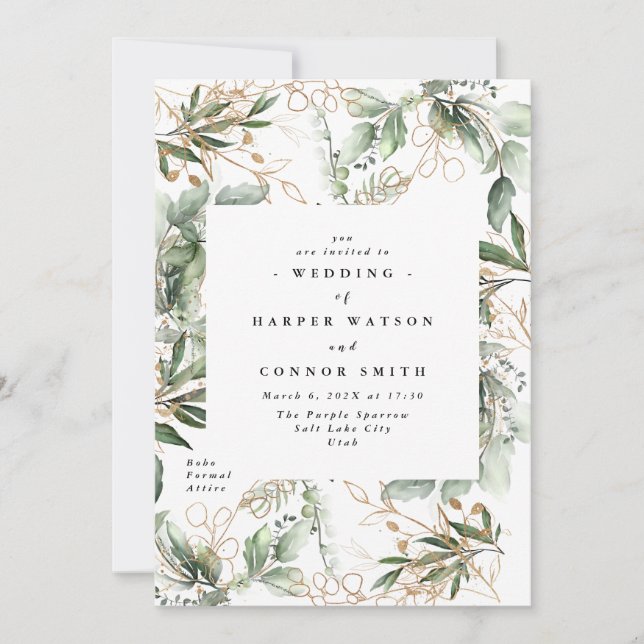 Convite Dourado Eucalyptus Elegante Greenerescência (Frente)