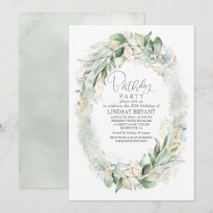 Convite Dourado Eucalyptus Greenery Wreath Boho Aniversári