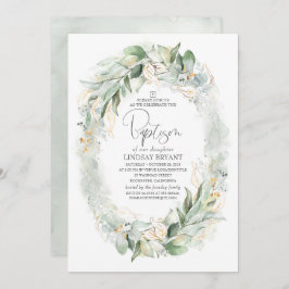 Convite Dourado Eucalyptus Greenery Wreath Boho Baptism