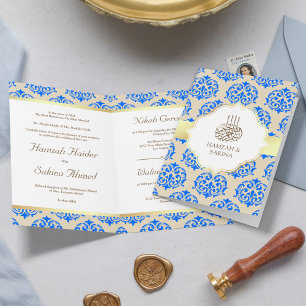 Convite Dourado Falso em Folha Azul Real Damasco Casamento