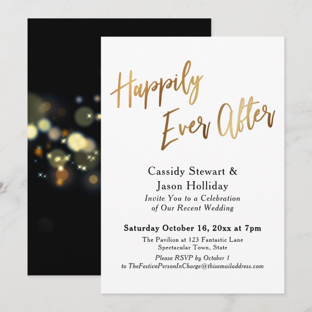 Convite Dourado Felizes para Sempre Bokeh Fundo Preto Rece (Frente/Verso)