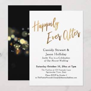 Convite Dourado Felizes para Sempre Bokeh Fundo Preto Rece