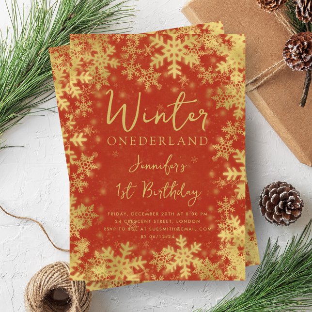 Convite Dourado festivo Red Winter ONEDERLAND primeiro ani (Festive Gold Red Winter ONEDERLAND 1st Birthday Invitation)