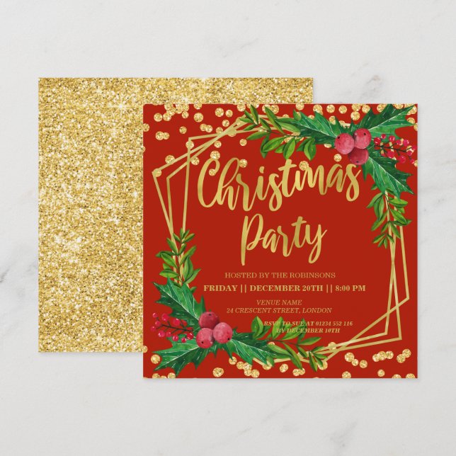 Convite Dourado Festivo Vermelho Holly Glitter Natal (Frente/Verso)