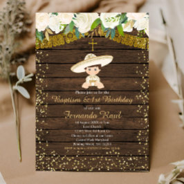 Convite Dourado Fiesta Baptism e Primeiro Aniversário